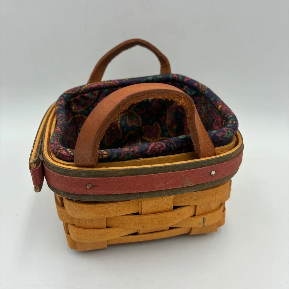 Longaberger 1999 Small Square Handwoven Basket Leather Handles Paisley Liner